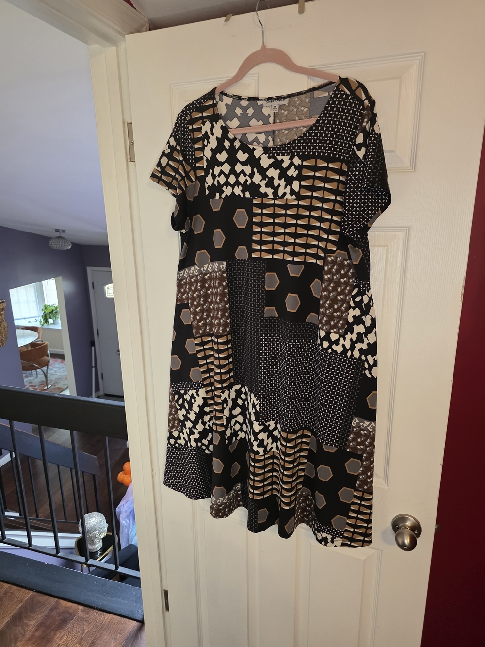 Shelby & Palmer Patchwork Print Midi Dress - Black & Tan